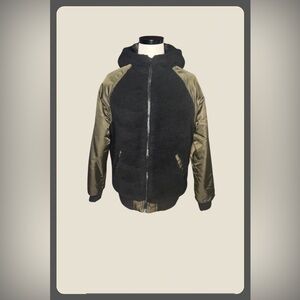 Forever 21 Black & Olive Hooded Faux Fur Jacket